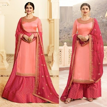 Astonishing Peach Color Function Wear Georgette Satin Designer Embroidered Work Salwar Suit