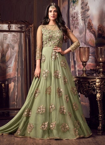 Special Light Green Color Soft Net Fancy Embroidered Work Long Anarkali Wedding Wear Suit
