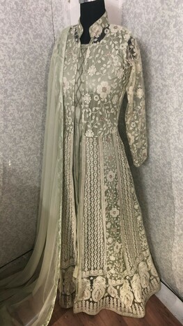 Capricious Light Green Color Designer Thread Embroidered Work Soft Net Wedding Wear Salwar Suit For Women