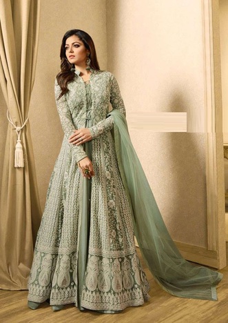 Capricious Light Green Color Designer Thread Embroidered Work Soft Net Wedding Wear Salwar Suit For Women