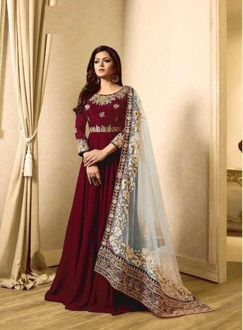 Remarkable Red Color Floor Length Georgette Fancy Wedding Wear Embroidered Work Salwar Suit For Ladies