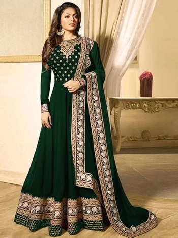 Dazzling Dark Green Color Fancy Georgette Designer Embroidered Work Wedding Wear Anarkali Salwar Suit