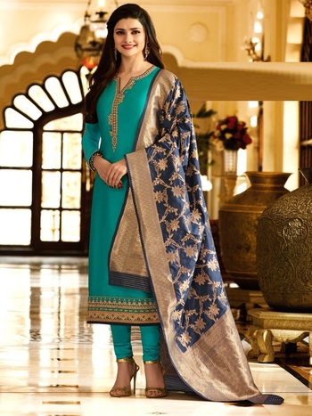 Innovation Blue Color Party Wear Satin Georgette Embroidered Work Straight Cut Salwar Suit