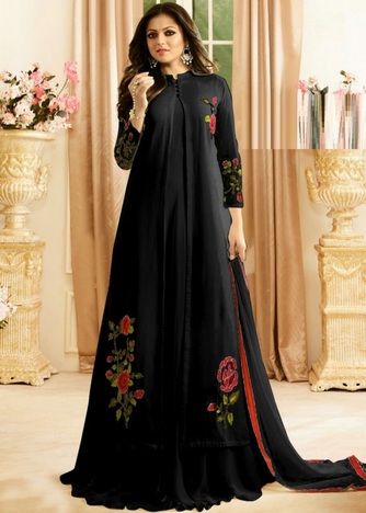 Ethnic Wear Black Color Function Wear Embroidered Fancy Work Long Gown Style Salwar Suit