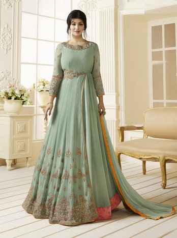 Impressive Pista Green Color Embroidered Work Faux Georgette Designer Occasion Wear Long Salwar Suit