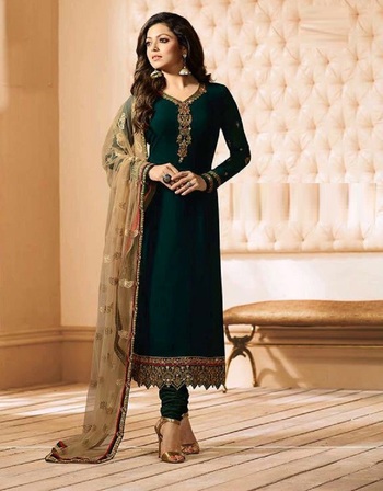 Gorgeous Bottle Green Color Function Wear Embroidered Work Fancy Faux Georgette Salwar Suit For Women
