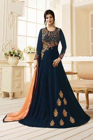 Mesmeric Navy Blue Color Occasion Wear Faux Georgette Designer Embroidered Work Long Salwar Suit