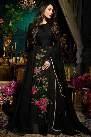 Superlative Black Color Designer Faux Georgette Flower Printed Gown Type Salwar Suit For Girls
